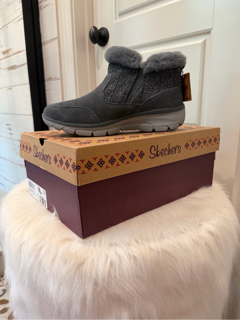 Skechers Gray Faux-Fur Knit Ankle Boots